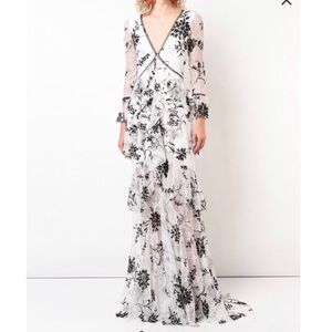 NWT Marchesa Notte Embroidered Floral Tiered Lace Gown Black White Size 8